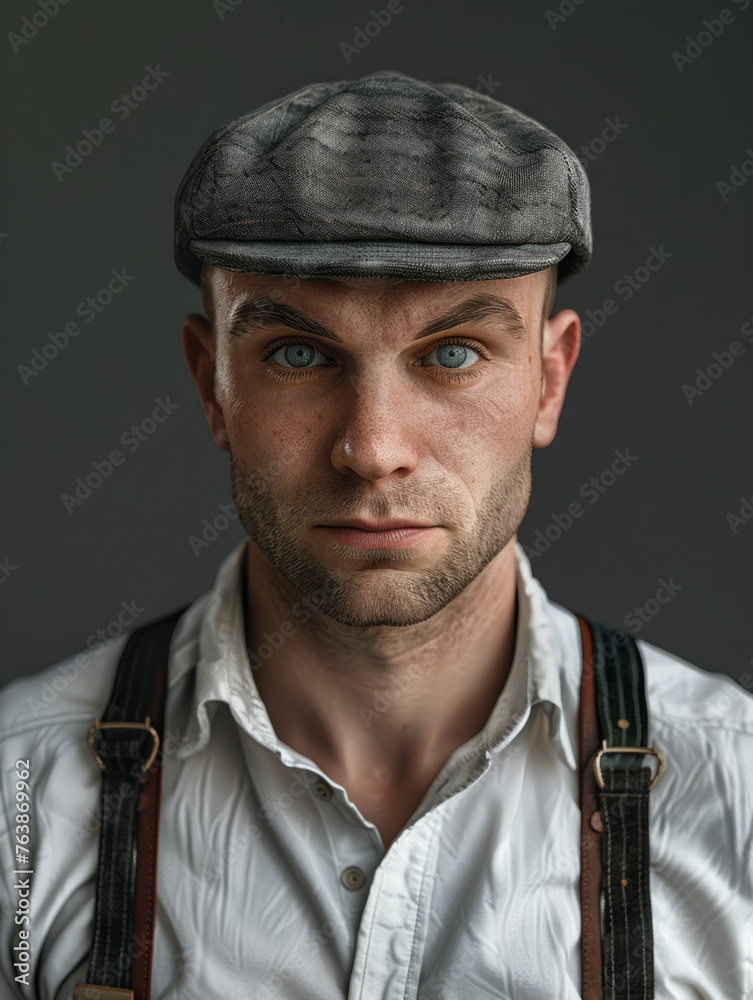 Man in a white shirt and cap stares directly into the camera, showcasing piercing eyes and a beard Man in a white shirt and cap stares directly into the camera, showcasing piercing eyes and a beard