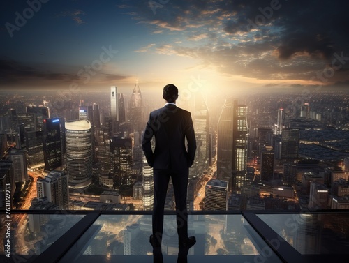 Successful businessman enjoying city view from above in modern urban landscape