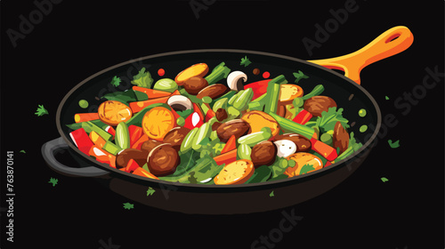 Frying pan with various healthy vegetables on dark background