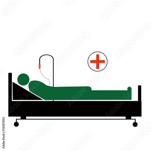 Silhouette de malade sur lit d'hopital avec transfusion sanguine sur fond blanc