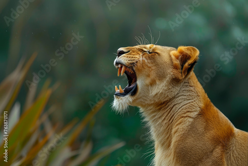 Ferocious Lioness Roaring in Profile
