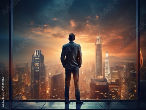 Successful businessman enjoying city view from above in modern urban landscape