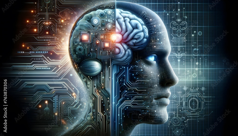 Hybrid between organic and artificial intelligence, cross-section of a head where one half is human and the other half is visibly enhanced with technology.