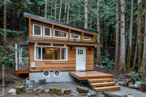 a tiny house with an exterior of red wood and white accents, set in the forest on concrete walkway, square windows, sliding doors, patio furniture