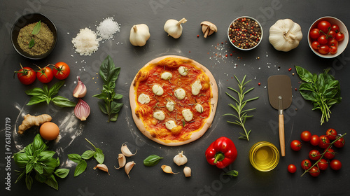 Flat lay of homemade pizza with ingredients spread on dark surface. Cooking process and Italian cuisine concept for recipe blogs and food channels.