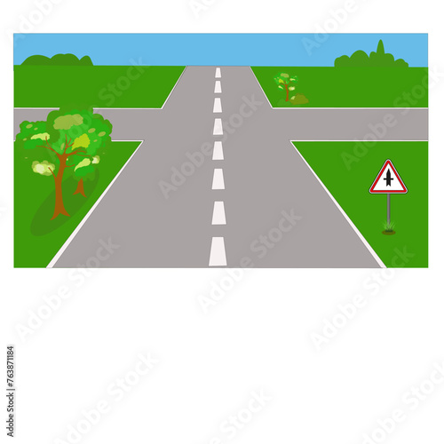 Panneau routier: Route prioritaire en milieu rural et horizon sur ciel bleu