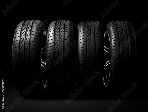 Close-up of a black car wheel with four tires on dark background