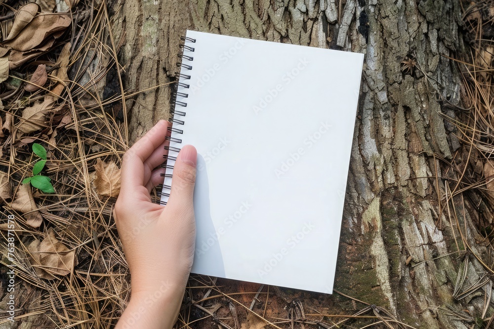 Obraz premium Close-up of hands holding an open, blank notebook against background