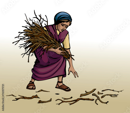 Vector drawing. Woman collecting firewood