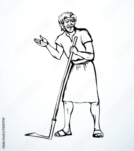 Vector drawing. A man with an old scythe