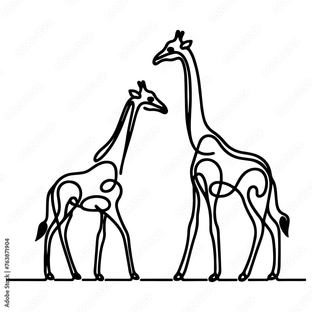 Naklejka premium continuous single hand drawing black line art of giraffe standing outline doodle cartoon sketch style vector illustration on white background