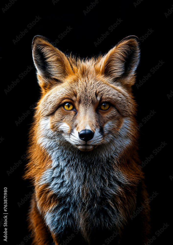 Fototapeta premium portrait d'un renard roux vu de face sur fond noir