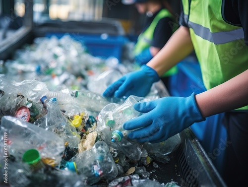 Close-up of employee's hands sorting and recycling waste on conveyor belt © Veronika