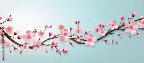 An image featuring a cherry tree's branch adorned with delicate pink flowers against a backdrop of a clear blue sky