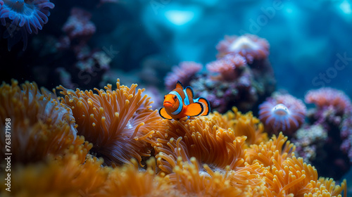 un poisson clown nage au milieu d'anémones de mer © Fox_Dsign
