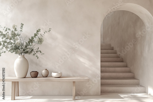 Tranquil Mediterranean Nook with Rustic Wooden Table and Vase of Eucalyptus. Serene Archway Retreat Featuring Natural Wood Accents and Eucalyptus Branches