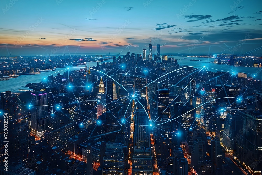 New York City with glowing blue and white connections between buildings representing network connectivity.