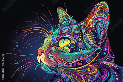 psychedelic cat trip mind character illustration.