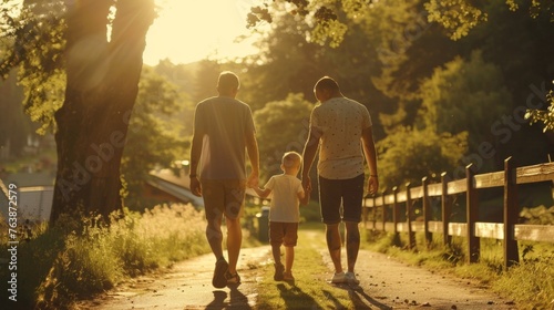 two dads walking with a child in the park