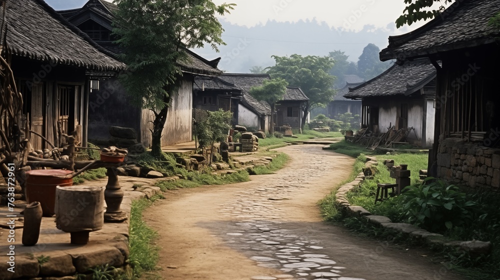 Obraz premium serene countryside village, offering a tranquil and inviting living environment reminiscent of traditional peacefulness and simplicity.