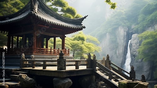 traditional Chinese pavilion in a waterfall valley, a quiet tourist attraction. 