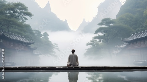 Meditating amidst beautiful and serene nature, surrounded by tranquil surroundings, fostering inner peace and spiritual connection with the natural world.
