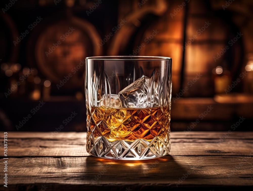 Glass of whiskey in front of a wooden barrel - alcoholic beverage concept in distillery setting Glass of whiskey in front of a wooden barrel - alcoholic beverage concept in distillery setting