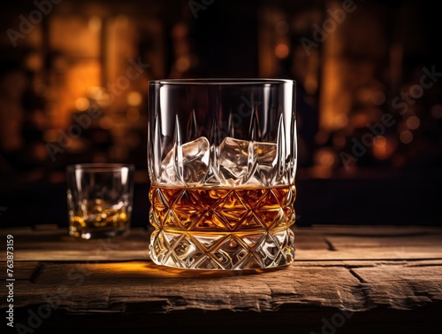 Glass of whiskey in front of a wooden barrel - alcoholic beverage concept in distillery setting