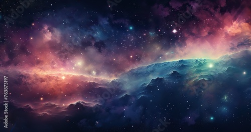A vibrant cosmic background with stars and galaxies, showcasing the beauty of space exploration. The color scheme includes deep beautifull  photo