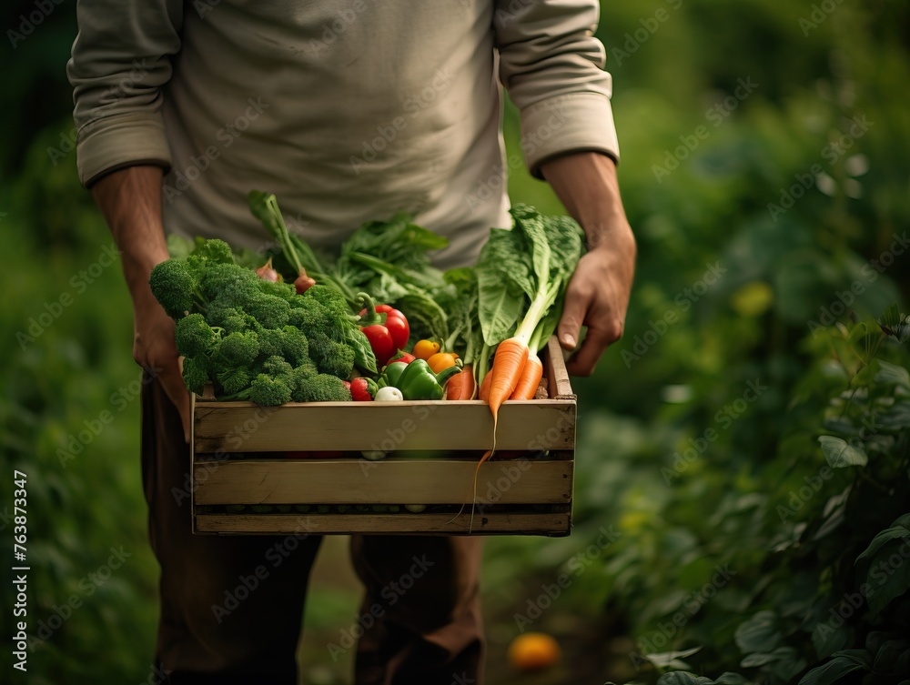 Fototapeta premium Unrecognizable man holding box of vegetables in modern garden
