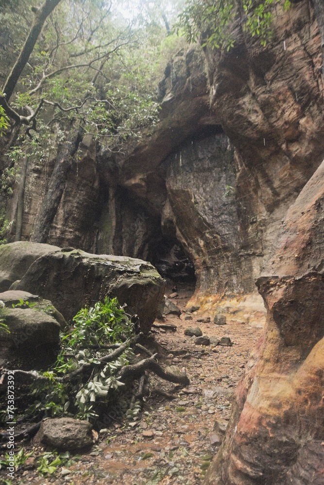 Unique rock formation with layers of sedimentary rock, showcasing natural beauty and geological history. at Pachmarhi, Madhya Pradesh, India