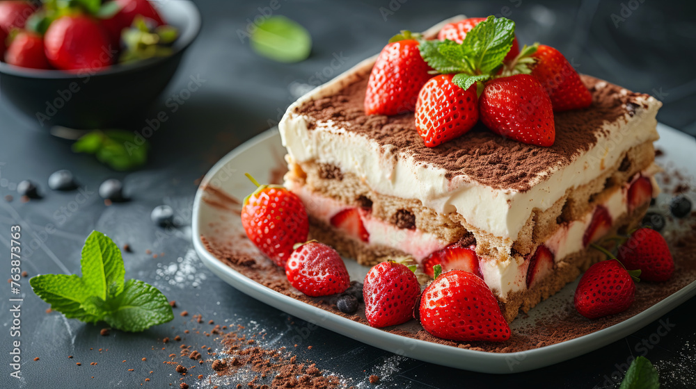Strawberry tiramisu in the plate, sweet food concept Strawberry tiramisu in the plate, sweet food concept