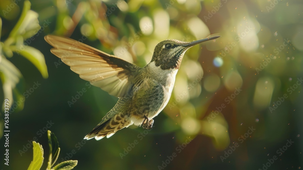 Fototapeta premium Hummingbird in flight, wings spread, against a sunlit backdrop with bokeh effect, showcasing delicate feathers and agile movement.