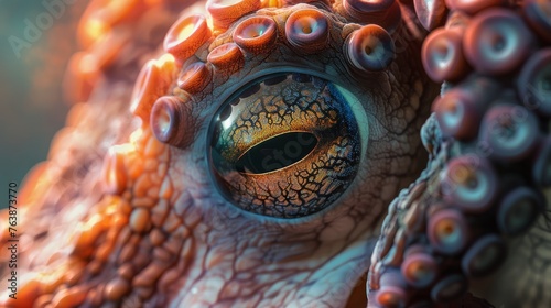 Extreme close-up of an octopus eye surrounded by tentacles with suction cups, showcasing detailed textures and vibrant colors.