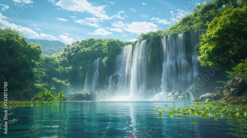 Lush green landscape showcasing a majestic waterfall cascading into a serene lake, surrounded by vibrant greenery under a clear blue sky.