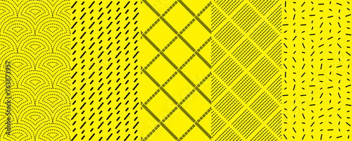 Black small dash seamless pattern set on yellow background. Minimal geometric fashion print texture. Retro scandinavian scattered noise sprinkle wallpaper for stories. Diagonal brush stroke repeat