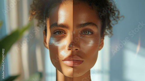 Before-After comparison. Close-up of a woman's face with a split effect representing two different skin tones, highlighted by natural sunlight casting shadows across her features.