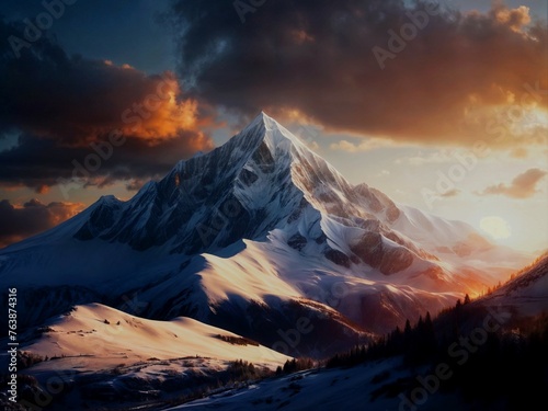 Beautiful mountain peaks in the rays of the rising sun. Beautiful natural landscape.