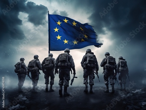Diverse group of military soldiers holding the flag of the european union