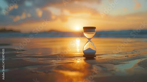 Time running out ,Hourglass on the background of a sunset. The value of time in life. Concept of time saving, retirement and time, Time is precious. Time cannot be turned back. photo