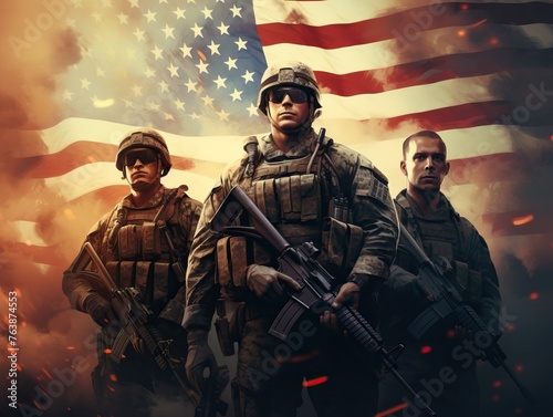 Diverse military soldiers holding usa flag in patriotism and unity