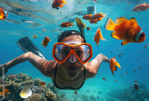 A woman wearing flippers and goggles is swimming in the blue sea, surrounded by colorful fish like orange butterflyfishes