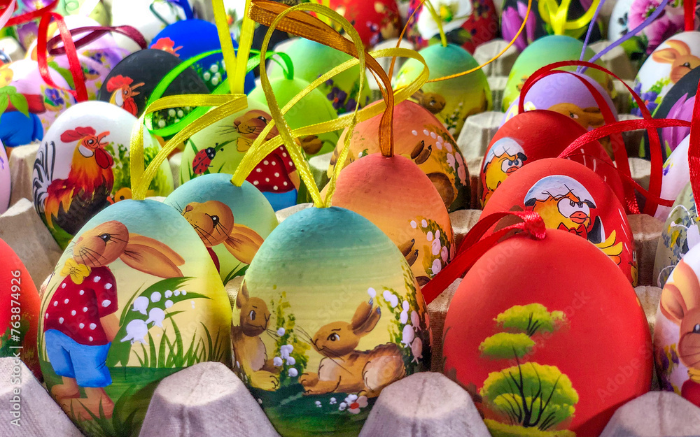 Colorful Easter Eggs in a straw basket