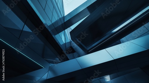 A futuristic and dynamic abstract architectural scene that blends urban geometry and angular lines, using a macro lens to capture the vibrant city lights at dusk and adding a touch of mystery with mon