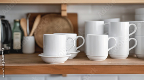 Array of White Coffee Cups on Open Shelving, Kitchen Organization