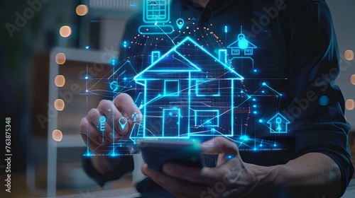 smartphone with digital hologram of smart home system and real estate icons, closeup view
