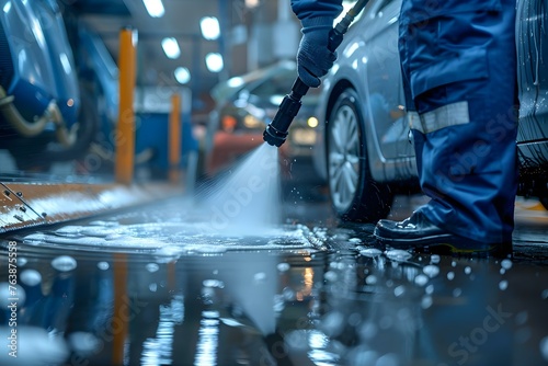 Employee utilizing a high-pressure washer for car cleaning at an auto repair shop. Concept Auto repair shop, High-pressure washer, Car cleaning, Employee, Outdoor photoshoot,
