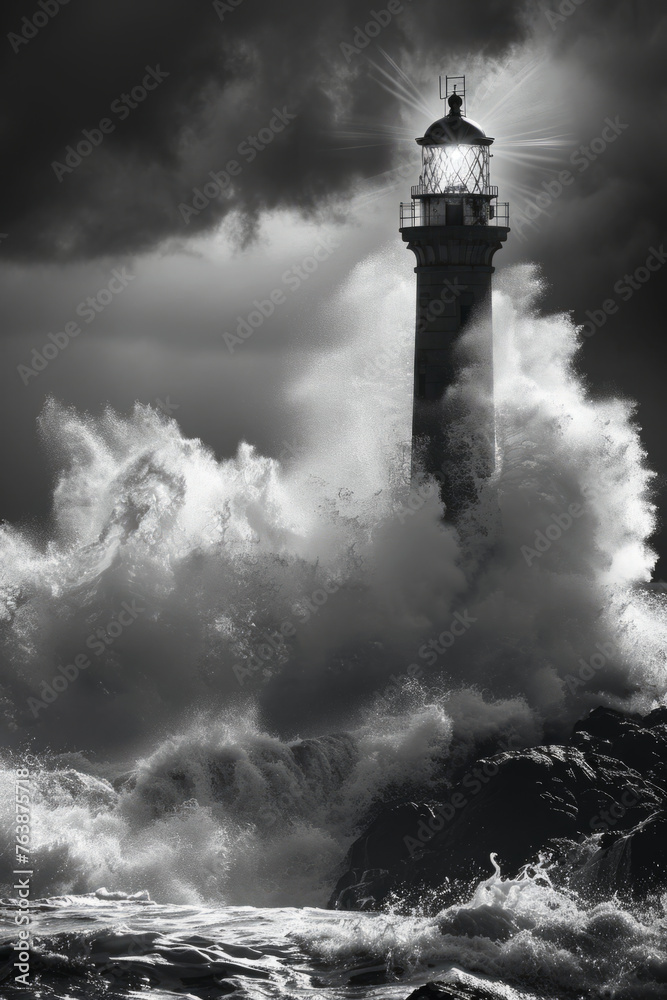A dramatic black and white image of a lone lighthouse standing resolute against towering waves, with beams of light piercing through an overcast sky.