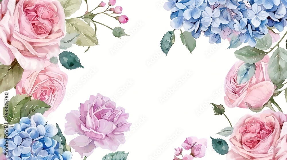 Floral frame with watercolor pink roses and blue hydrangea flower,Geenerative ai,
