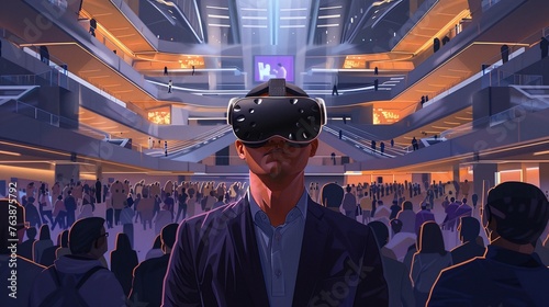 vr experience senior business manager man attend meeting wearing vr virtual goggle glasses standing in auditorium convention hall with crowd of business people background photo